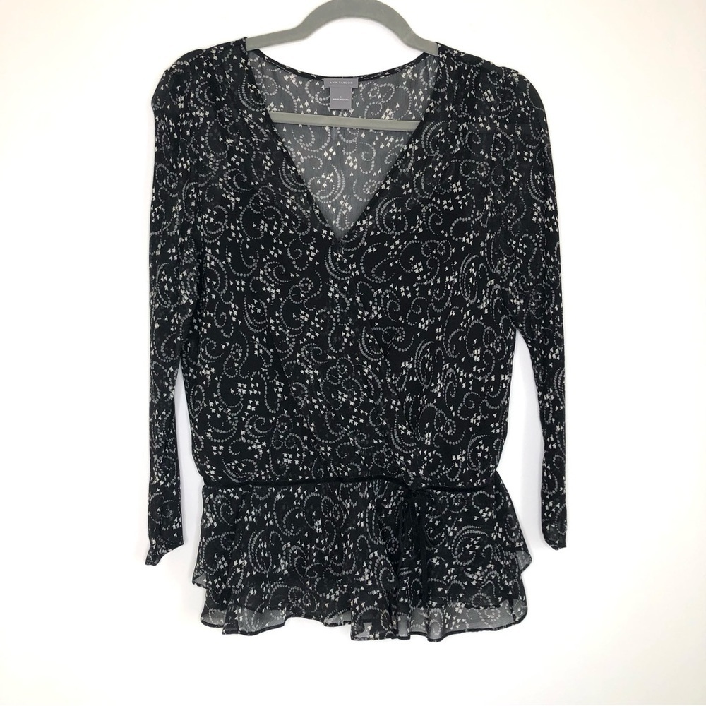 Ann Taylor black and white faux wrap sheer peplum top
